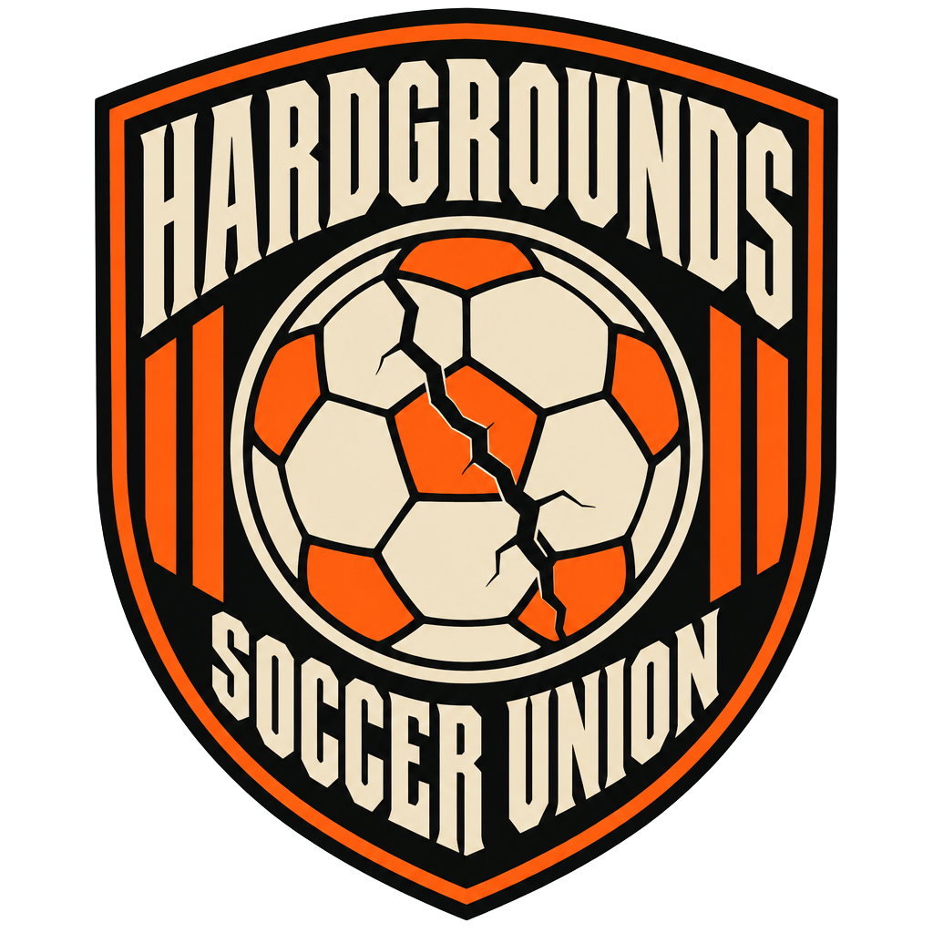 Hardgrounds Soccer Union crest — a cracked vintage ball on an orange and bone shield